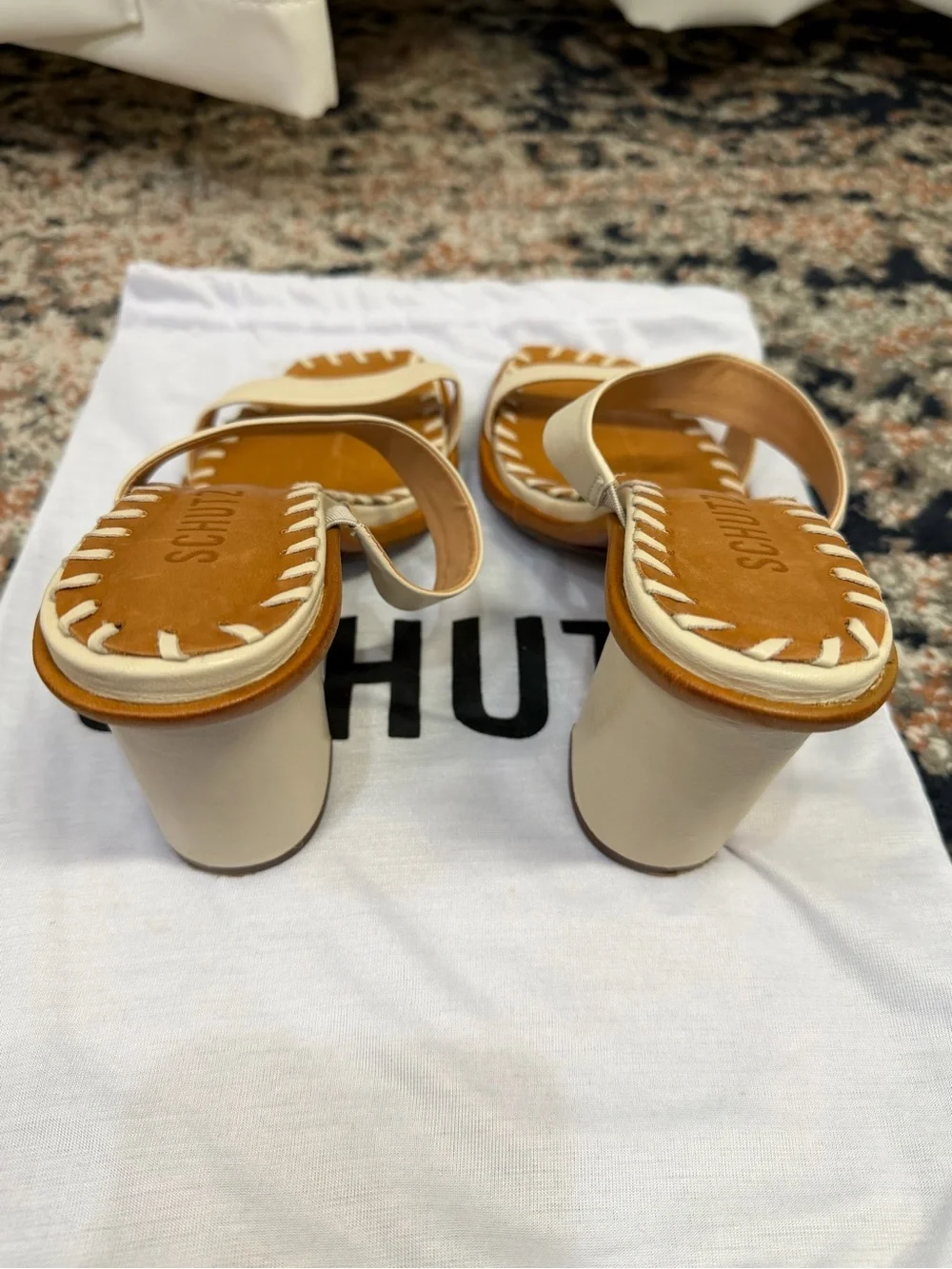 SCHUTZ Cream Leather Whipstitch Square Toe Block Heel Sandals Size 6